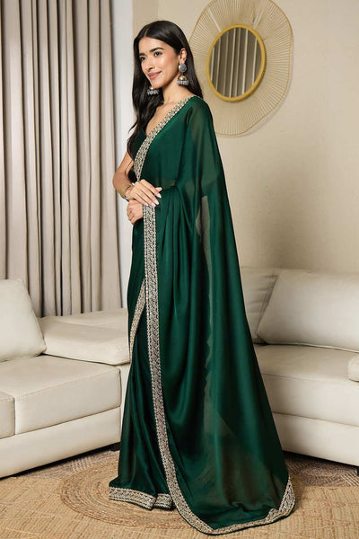 Raina Dark Green Satin Solid Lace Work Border One Minute Saree