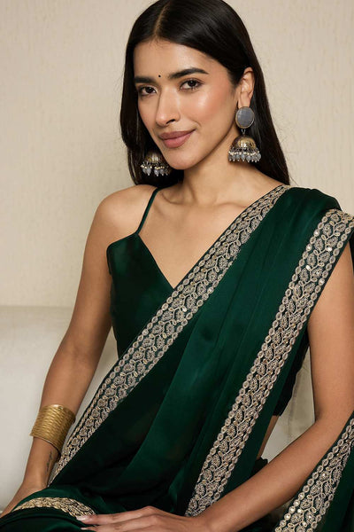 Raina Dark Green Satin Solid Lace Work Border One Minute Saree