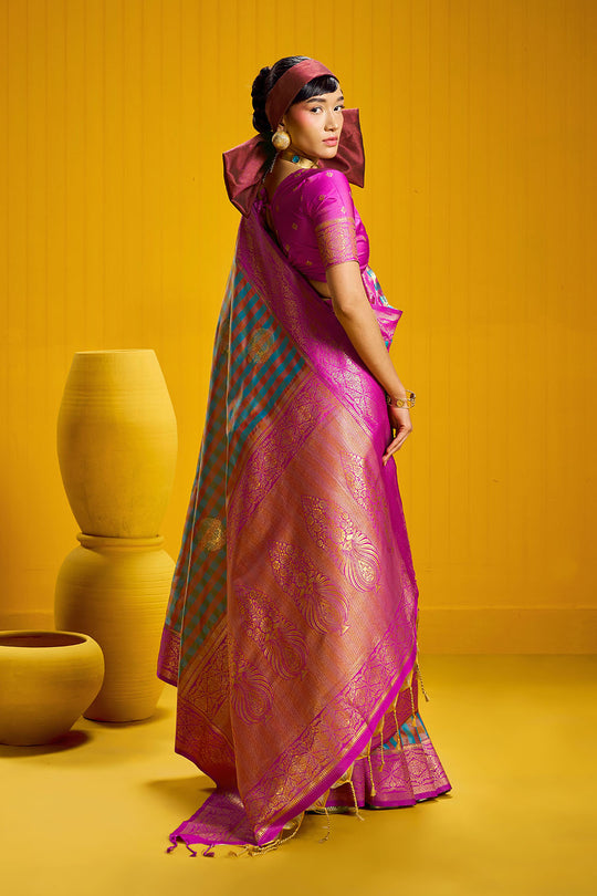 Rubia Magenta &amp; Teal Pure Silk Handloom Zari Checkered Ready to Wear Saree