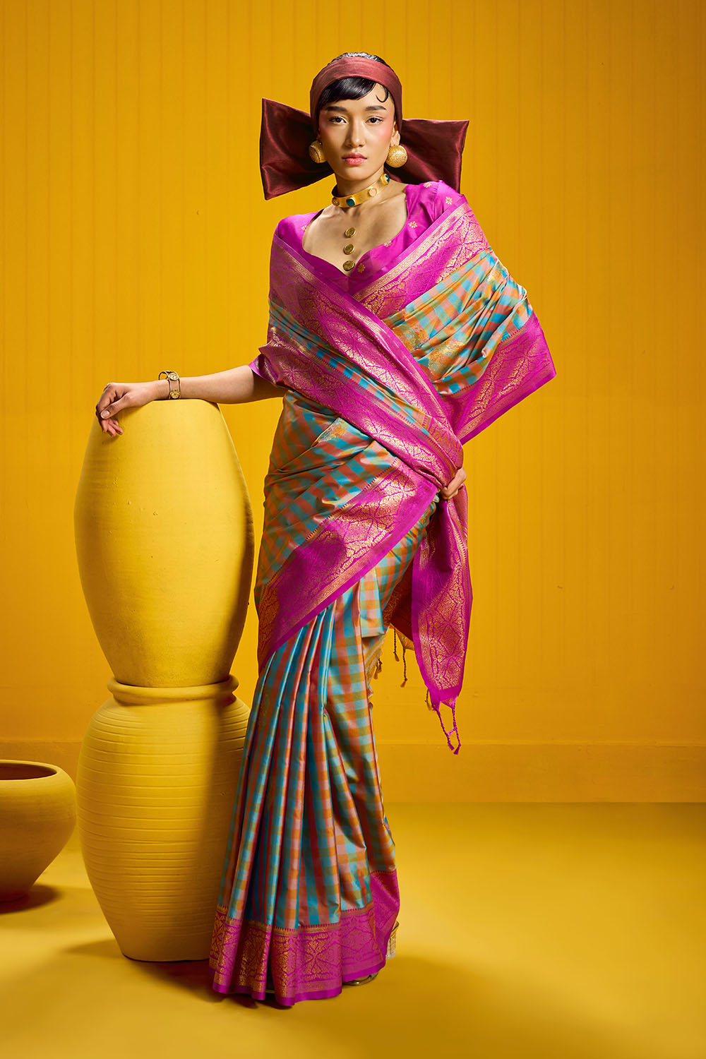 Rubia Magenta &amp; Teal Pure Silk Handloom Zari Checkered Ready to Wear Saree