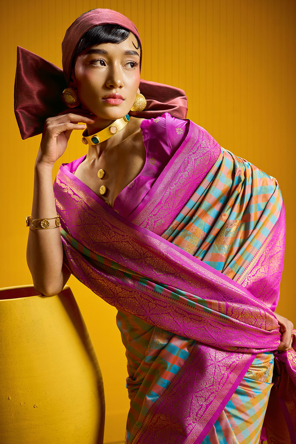 Rubia Magenta &amp; Teal Pure Silk Handloom Zari Checkered Ready to Wear Saree