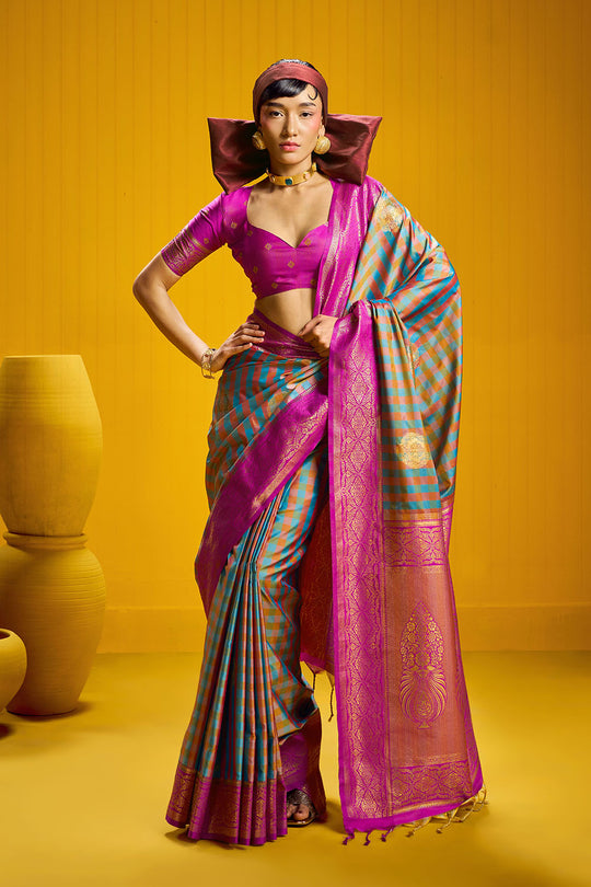 Rubia Magenta &amp; Teal Pure Silk Handloom Zari Checkered Ready to Wear Saree
