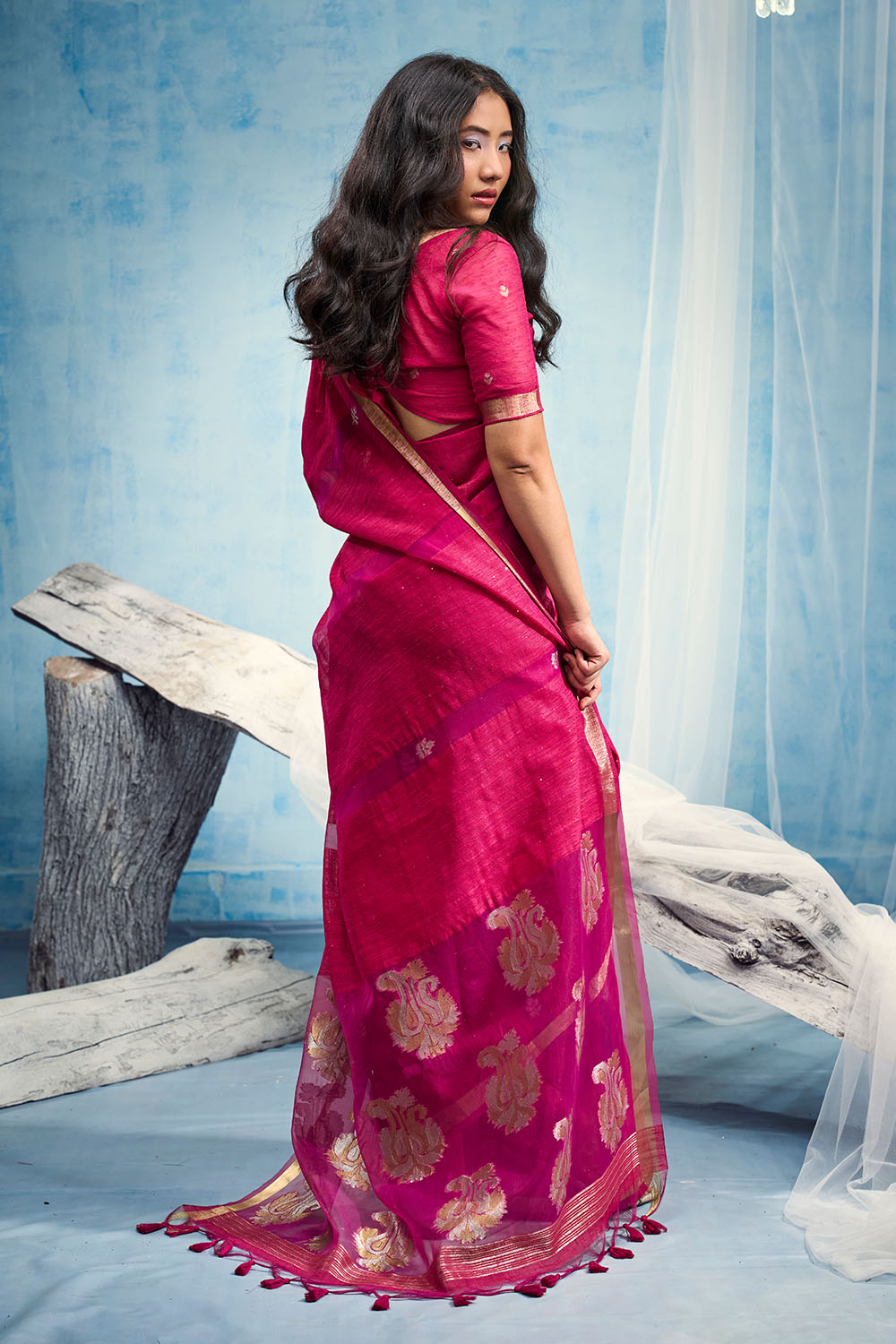 Uma Rani Pink Pure Munga Silk Handloom Weaving Organza Pallu Ready to Wear Saree