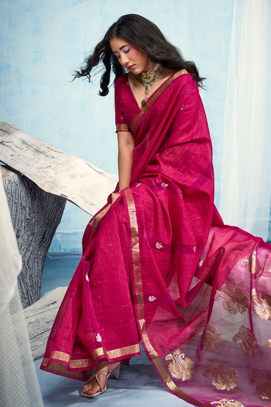 Uma Rani Pink Pure Munga Silk Handloom Weaving Organza Pallu Ready to Wear Saree
