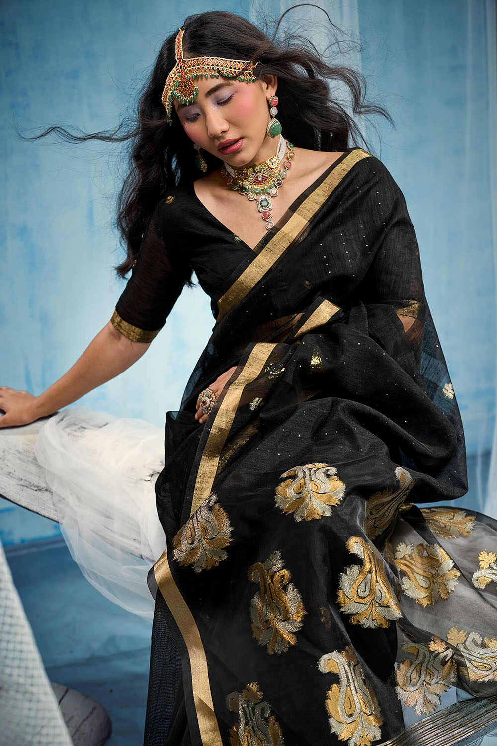 Uma Black Pure Munga Silk Handloom Weaving Organza Pallu Ready to Wear Saree