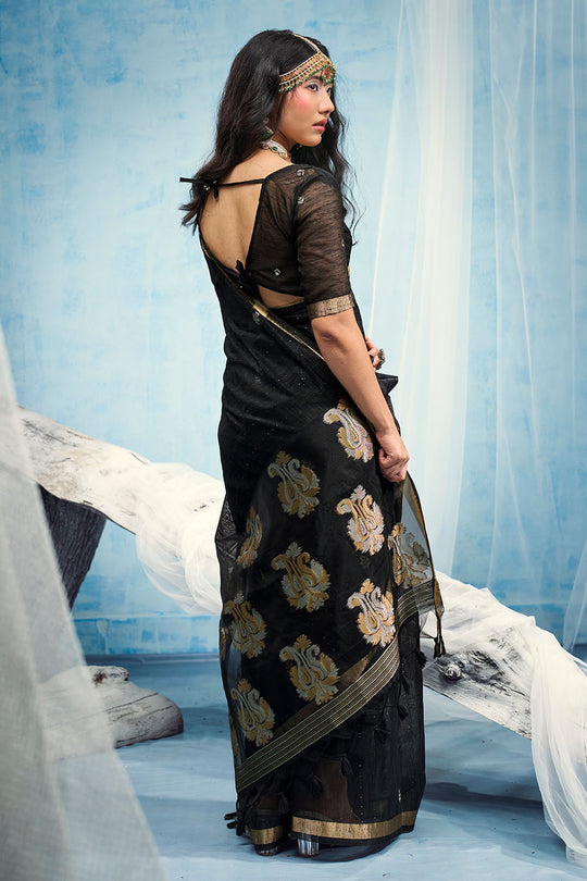 Uma Black Pure Munga Silk Handloom Weaving Organza Pallu Ready to Wear Saree