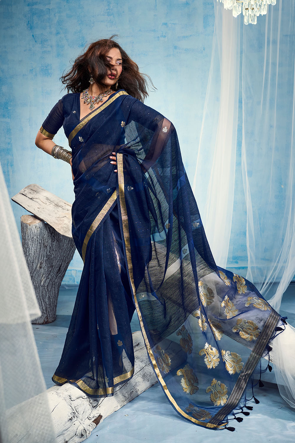 Uma Navy Blue Pure Munga Silk Handloom Weaving Organza Pallu Ready to Wear Saree