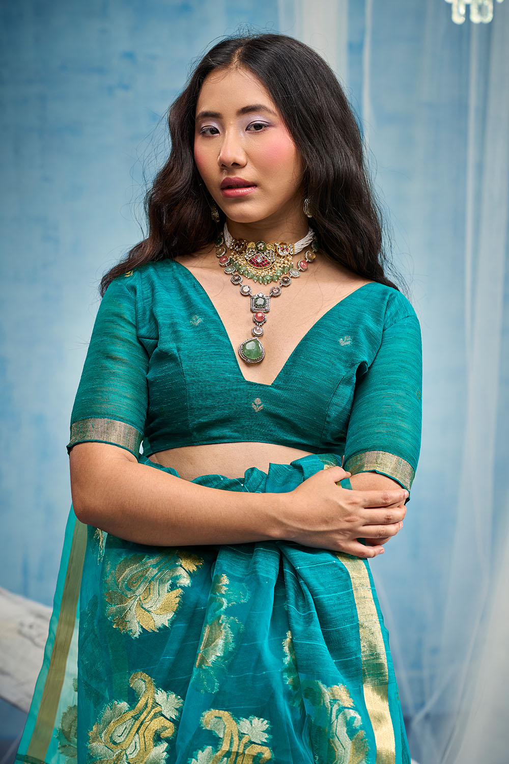 Uma Teal Blue Pure Munga Silk Handloom Weaving Organza Pallu Ready to Wear Saree
