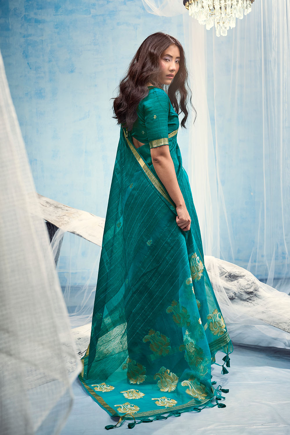 Uma Teal Blue Pure Munga Silk Handloom Weaving Organza Pallu Ready to Wear Saree