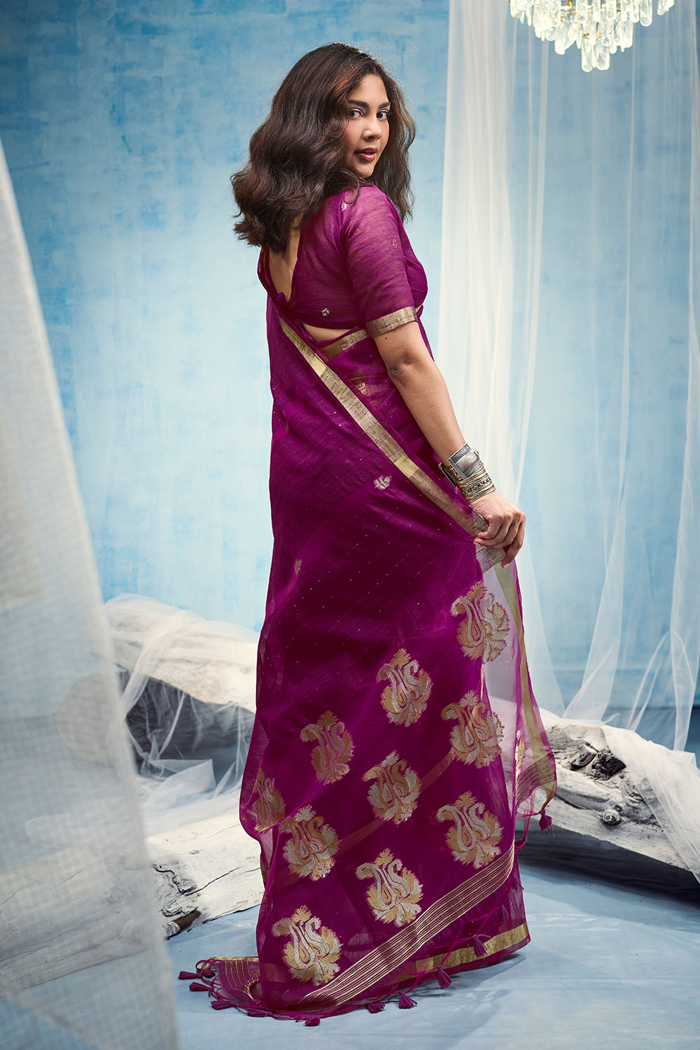 Uma Magenta Pure Munga Silk Handloom Weaving Organza Pallu Ready to Wear Saree