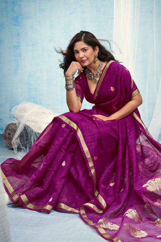 Uma Magenta Pure Munga Silk Handloom Weaving Organza Pallu Ready to Wear Saree