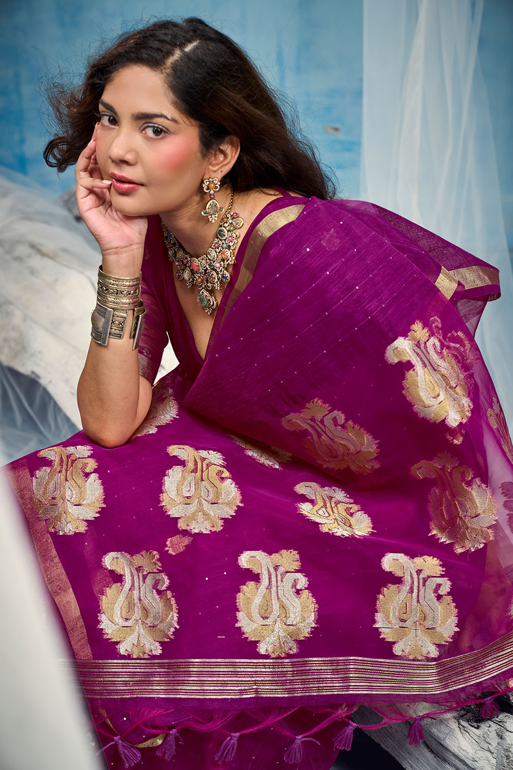 Uma Magenta Pure Munga Silk Handloom Weaving Organza Pallu Ready to Wear Saree