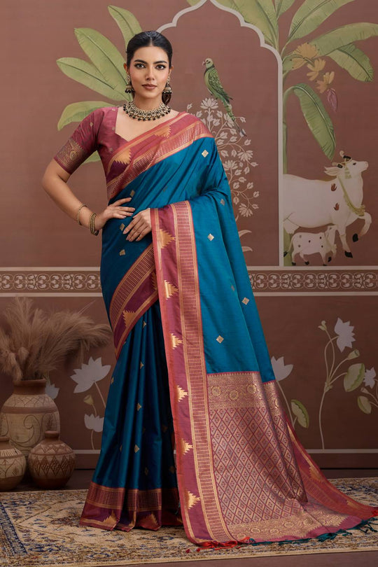 Tessa Royal Teal Blue Silk Woven With Zari Work Ready to Wear Saree