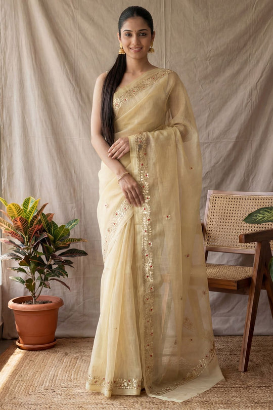 Rudra Yellow Cotton Gota Patti Embellished Ready To Wear Saree
