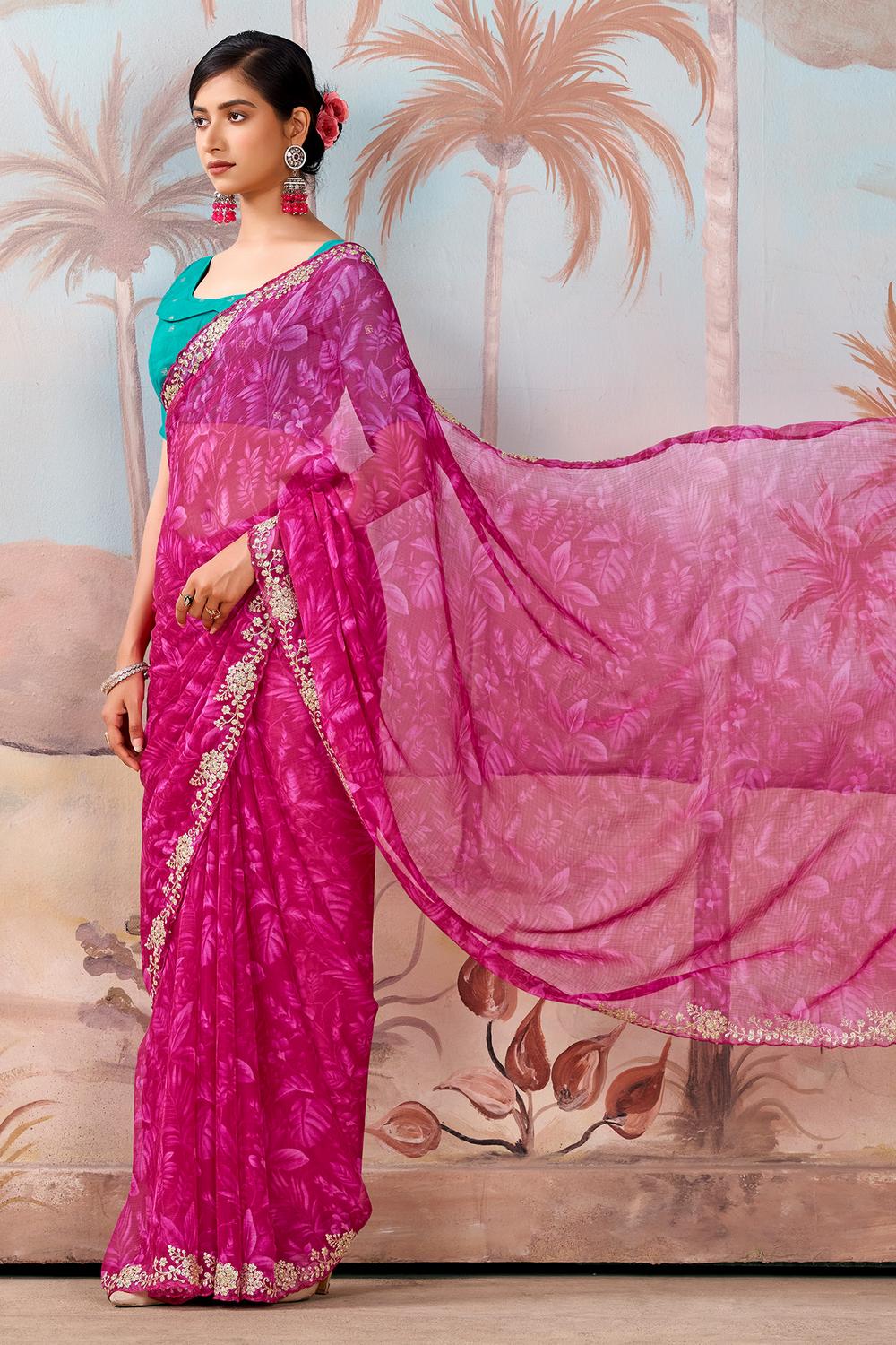 Samera Pink Chiffon Floral Print Embellished Border Ready to Wear Saree