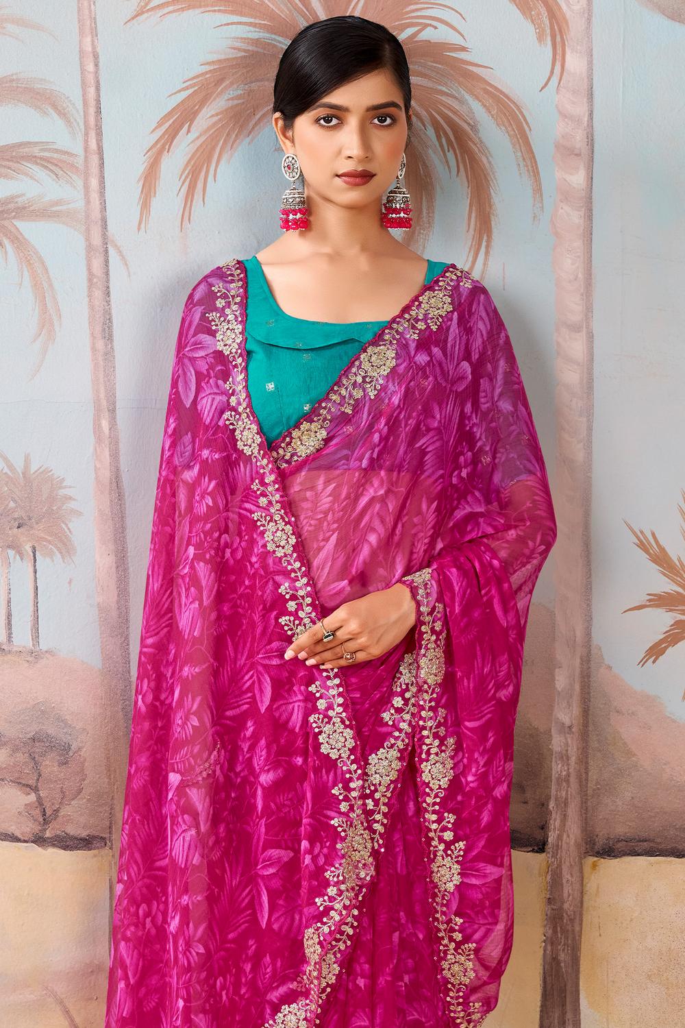 Samera Pink Chiffon Floral Print Embellished Border Ready to Wear Saree