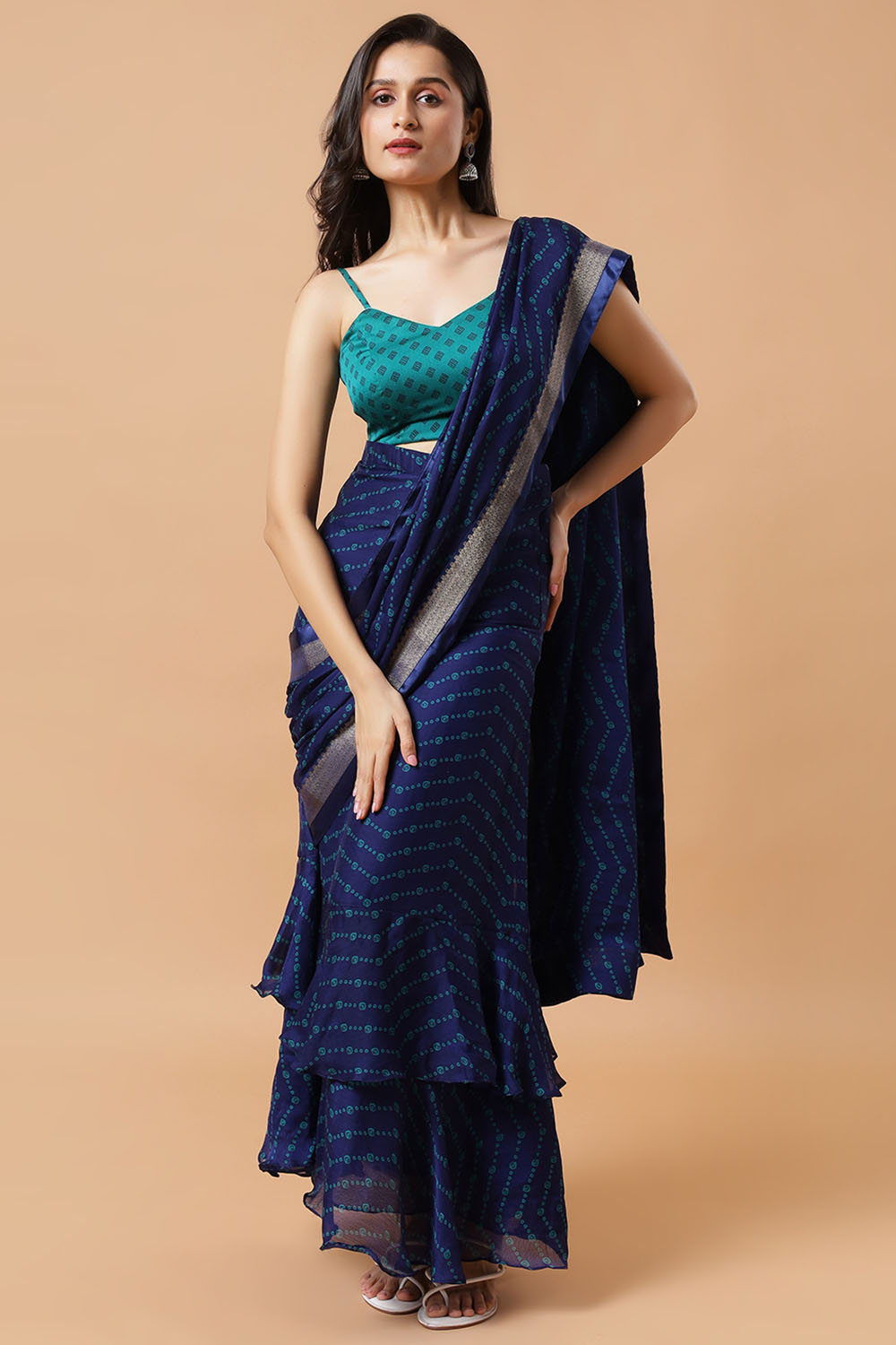 Betty Blue Crepe Printed Designer Skirt Saree