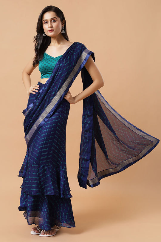 Betty Blue Crepe Printed Designer Skirt Saree