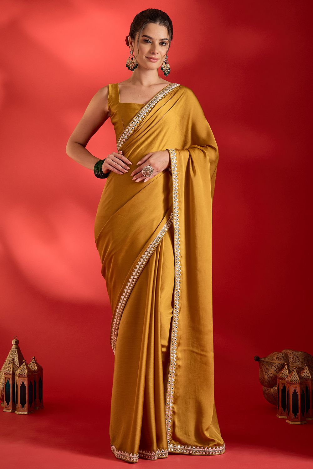 Tanya Mustard Satin Solid With Mirror Border Ready To Wear Saree