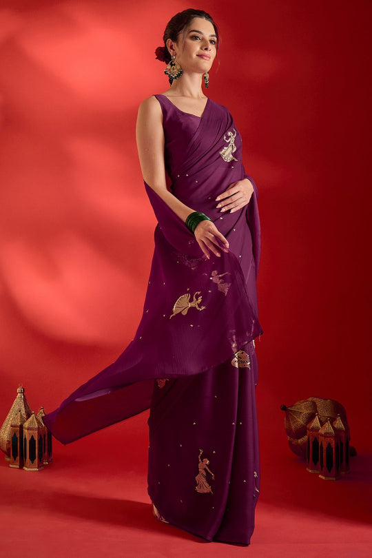 Sensa Wine Satin Sequins With Embroidered Ready To Wear Saree