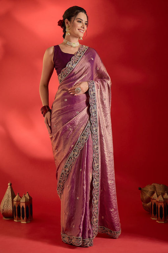 Sensa Purple Satin Sequins With Beads Embellished Ready To Wear Saree