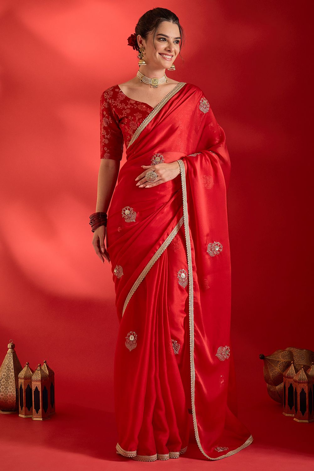 Merve Red Georgette Sequins With Beads Embellished Ready To Wear Saree