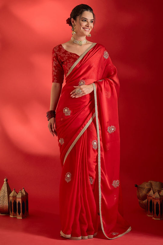 Merve Red Georgette Sequins With Beads Embellished Ready To Wear Saree