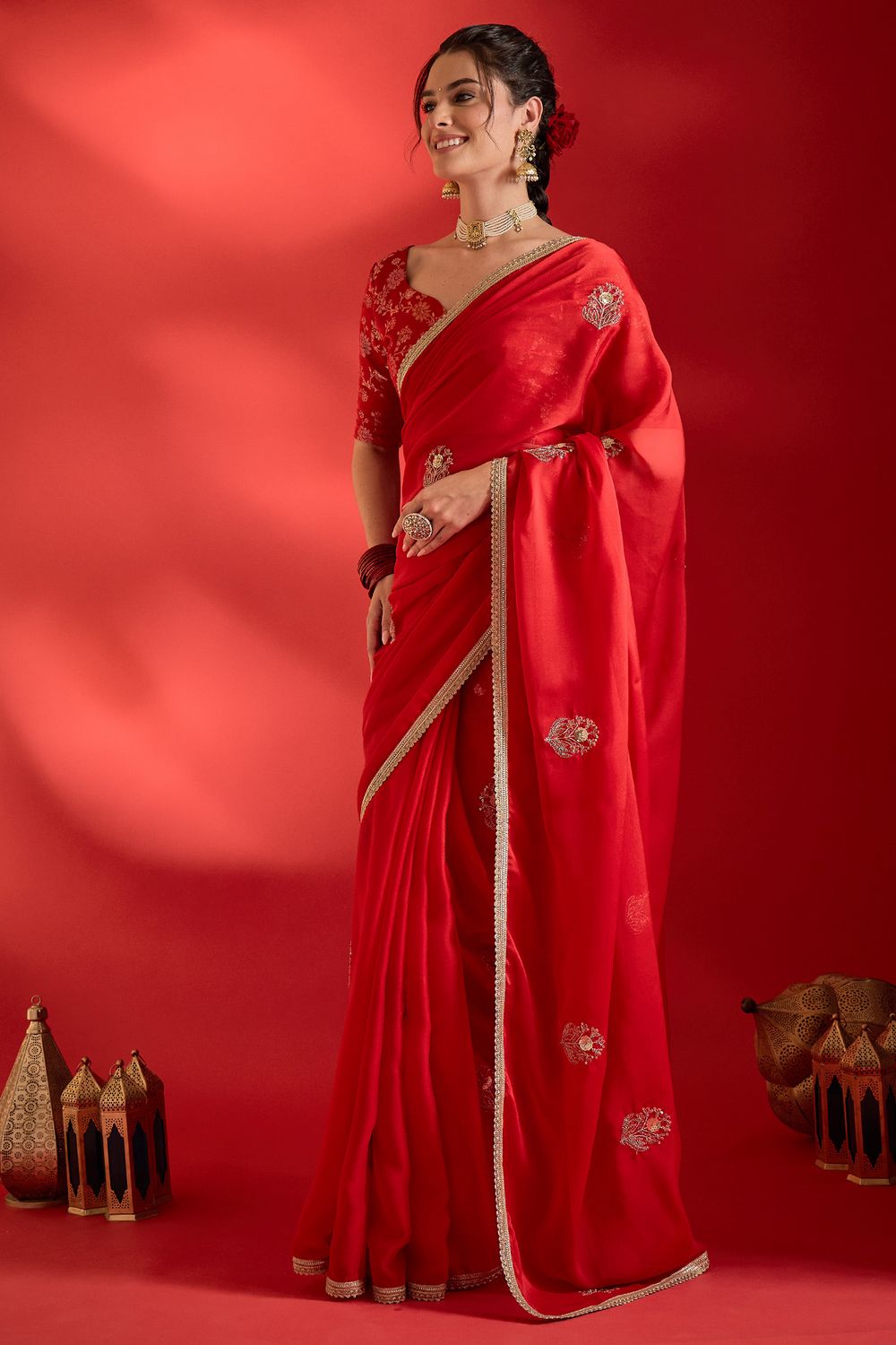 Merve Red Georgette Sequins With Beads Embellished Ready To Wear Saree
