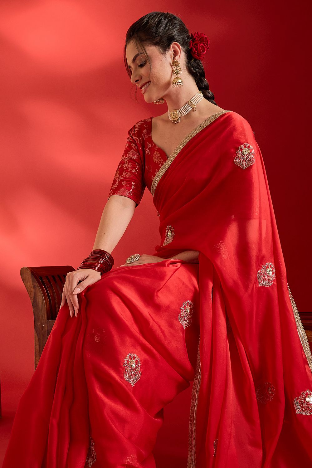 Merve Red Georgette Sequins With Beads Embellished Ready To Wear Saree