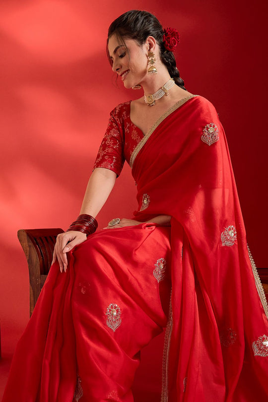 Merve Red Georgette Sequins With Beads Embellished Ready To Wear Saree