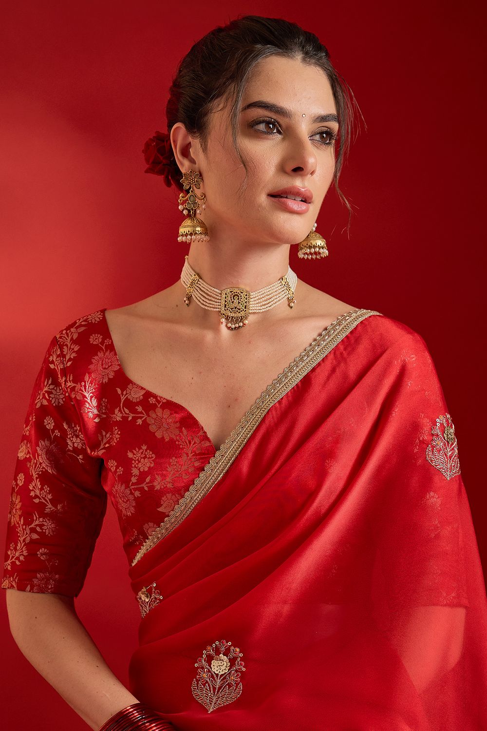 Merve Red Georgette Sequins With Beads Embellished Ready To Wear Saree