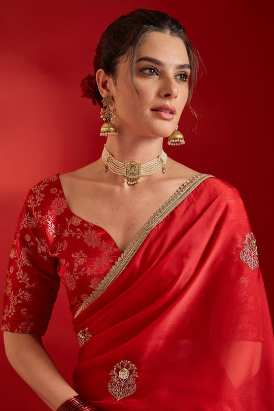 Merve Red Georgette Sequins With Beads Embellished Ready To Wear Saree