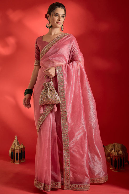 Latoya Pink Net Sequins With Embroidered Ready To Wear Saree