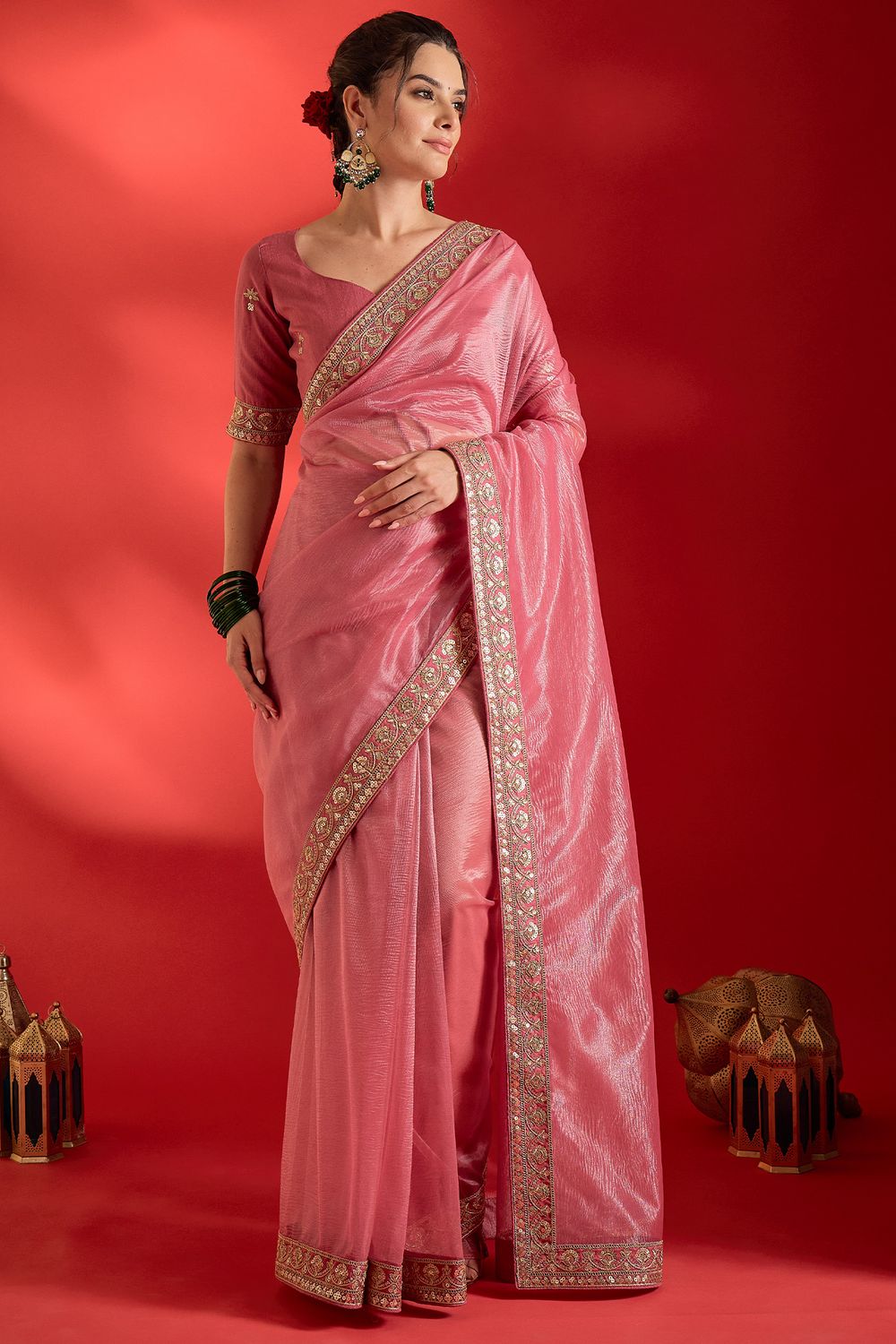 Latoya Pink Net Sequins With Embroidered Ready To Wear Saree