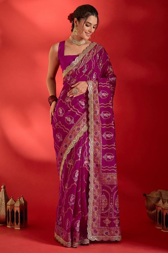 Chyna Pink Vichitra Silk Embroidered Ready To Wear Saree