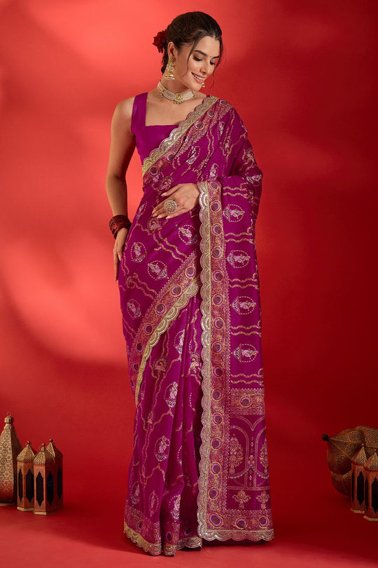 Chyna Pink Vichitra Silk Embroidered Ready To Wear Saree