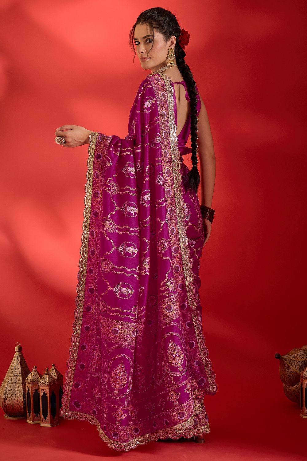 Chyna Pink Vichitra Silk Embroidered Ready To Wear Saree