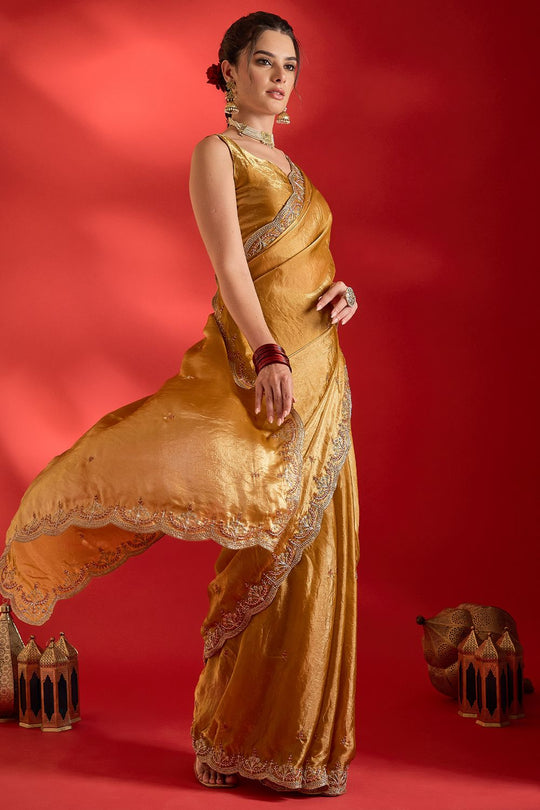 Sensa Mustard Satin Sequins With Beads Embellished Ready To Wear Saree