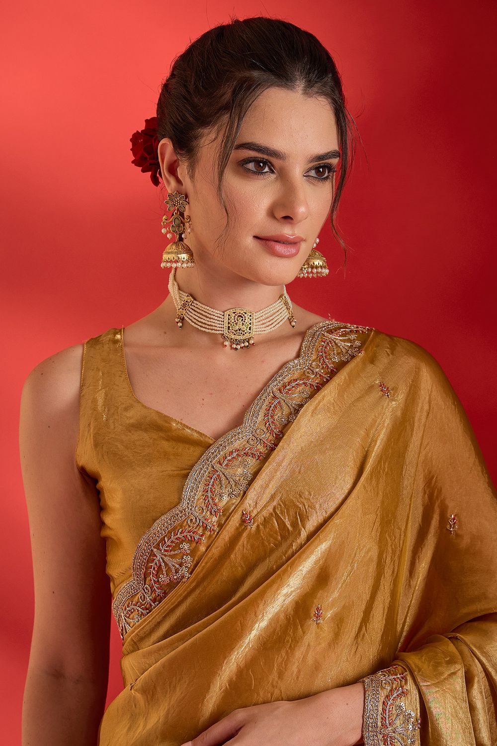 Sensa Mustard Satin Sequins With Beads Embellished Ready To Wear Saree
