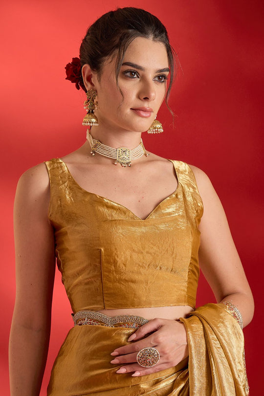Sensa Mustard Satin Sequins With Beads Embellished Ready To Wear Saree