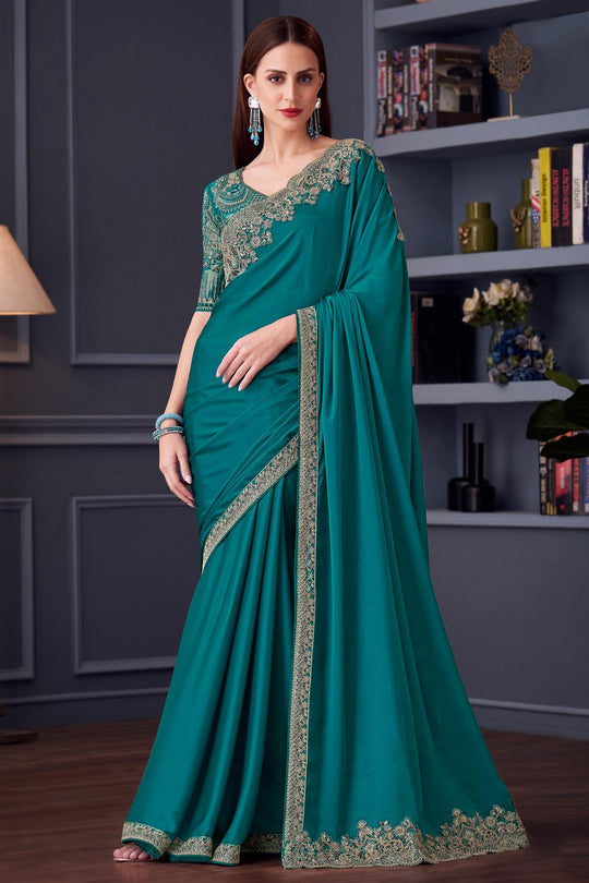 Jossette Teal Chiffon Embellished Designer Party Wear Ready to wear saree