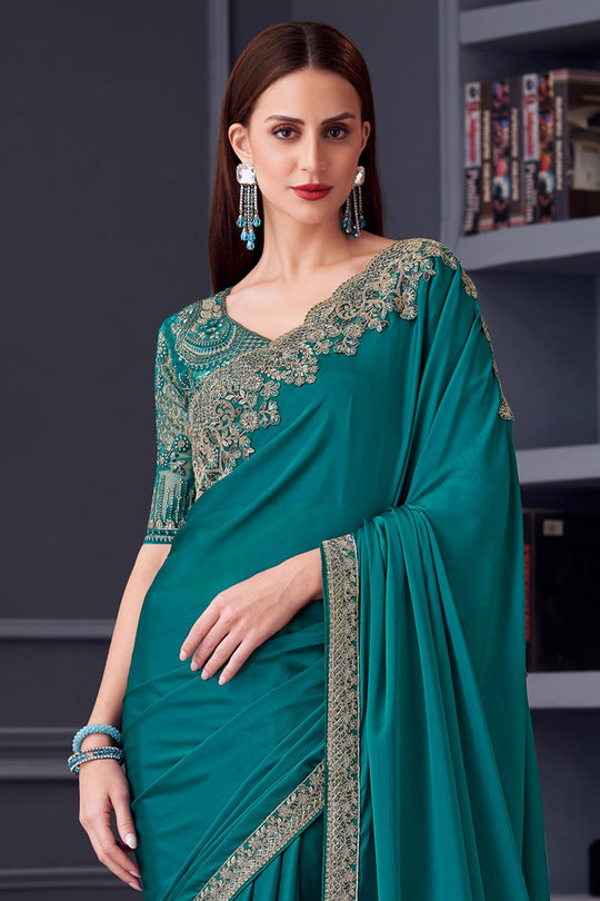 Jossette Teal Chiffon Embellished Designer Party Wear Ready to wear saree