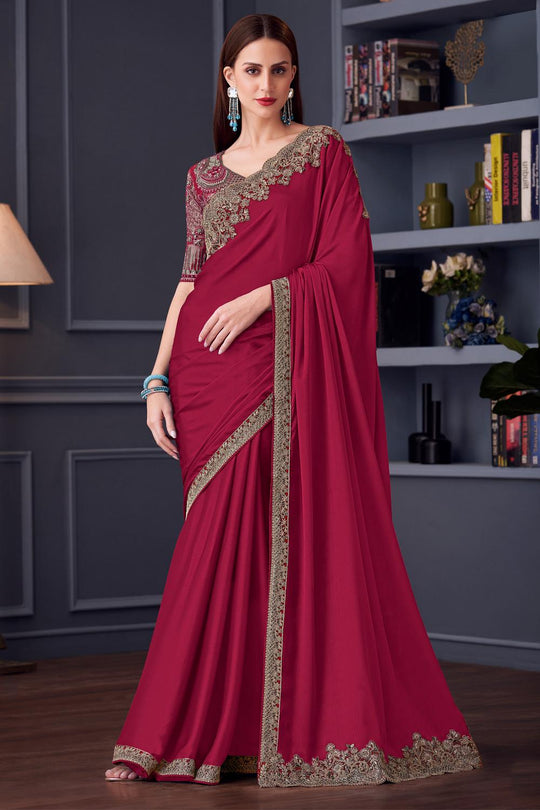 Jossette Maroon Chiffon Embellished Designer Party Wear Ready to wear saree