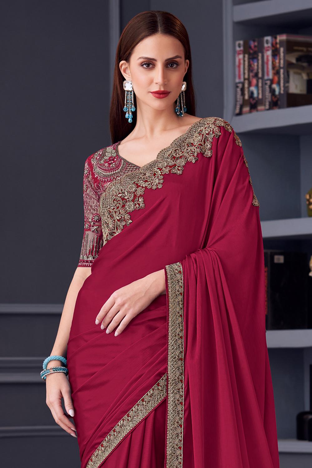 Jossette Maroon Chiffon Embellished Designer Party Wear Ready to wear saree