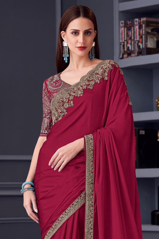 Jossette Maroon Chiffon Embellished Designer Party Wear Ready to wear saree