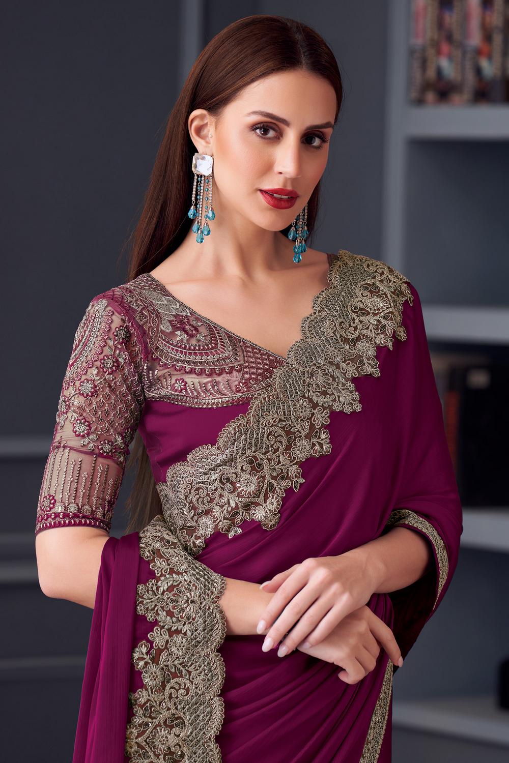 Jossette Wine Chiffon Embellished Border Work Ready to Wear Saree