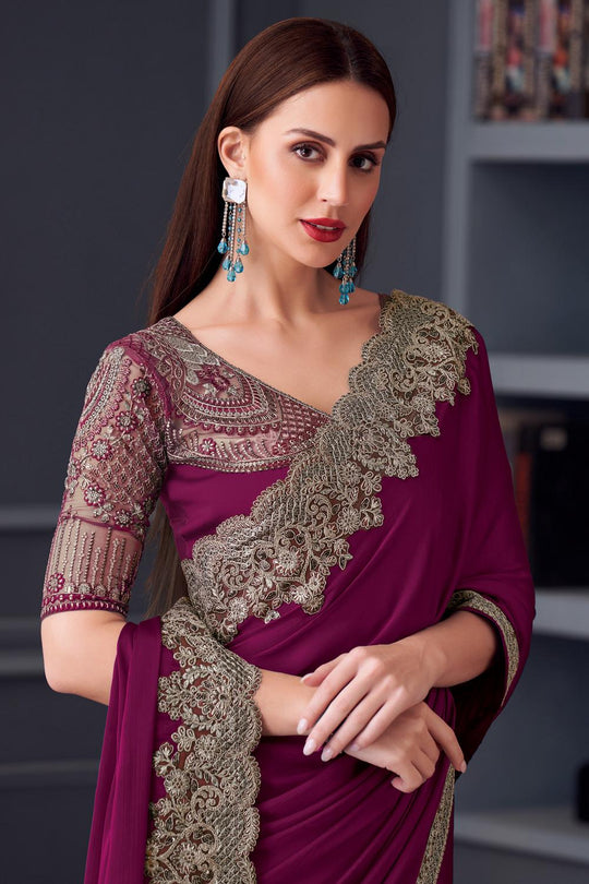 Jossette Wine Chiffon Embellished Border Work Ready to Wear Saree