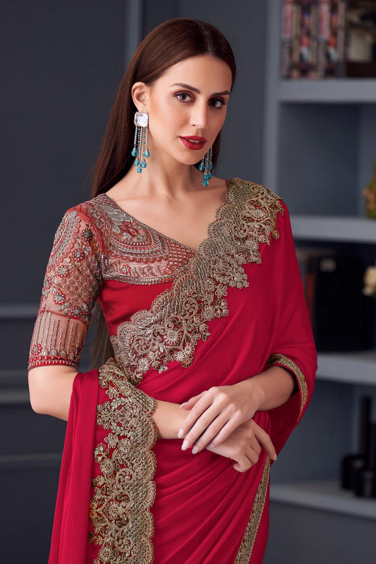 Jossette Red Chiffon Embellished Designer Border Work Ready to Wear Saree