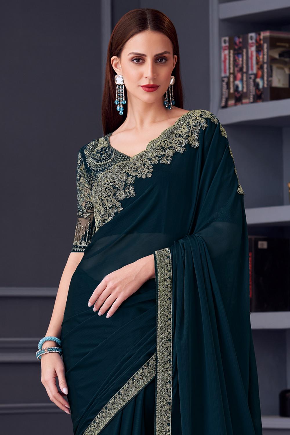 Jossette Teal Blue Chiffon Embellished Designer Border Ready to Wear Saree
