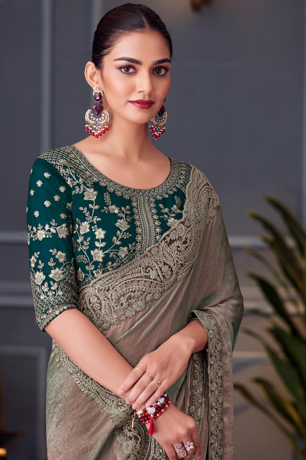 Daria Metallic Green Chiffon Embellished Ready to Wear Saree